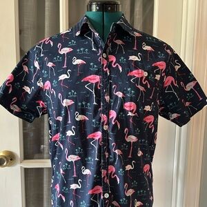 Flamingo Print Short Sleeve Button Down Shirt
